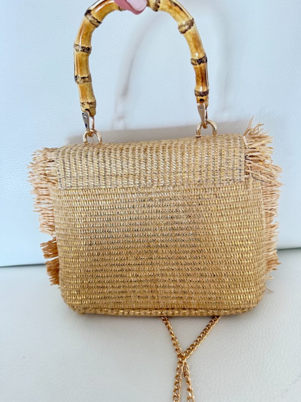 Tommy Bahama Gold Straw Crossbody Bag with Bamboo Handle - Picture 2 of 5